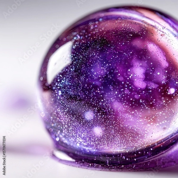 Fototapeta Macro image of a mesmerizing violet droplet infused with shades of neon purple, ultraviolet, and deep orchid. The droplet seems to pulse with dreamy, otherworldly energy. 