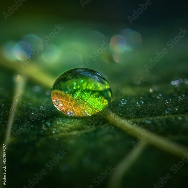 Obraz Macro shot of a radiant green water droplet resting on the veiny surface of a tropical leaf. The droplet reflects vibrant shades of neon green and emerald, magnifying the texture beneath. 