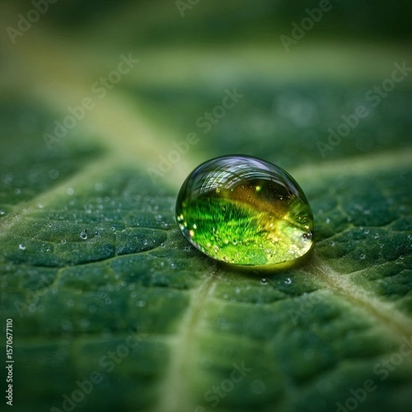 Fototapeta Macro shot of a radiant green water droplet resting on the veiny surface of a tropical leaf. The droplet reflects vibrant shades of neon green and emerald, magnifying the texture beneath. 
