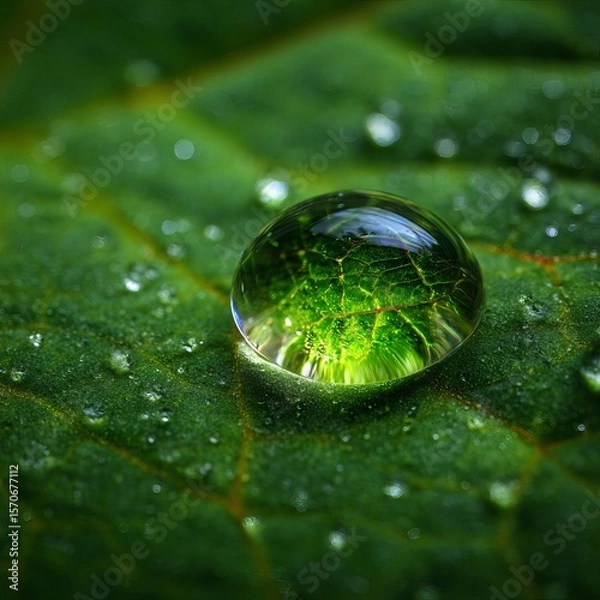 Fototapeta Macro shot of a radiant green water droplet resting on the veiny surface of a tropical leaf. The droplet reflects vibrant shades of neon green and emerald, magnifying the texture beneath. 