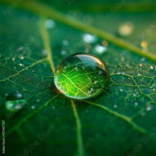Fototapeta Macro shot of a radiant green water droplet resting on the veiny surface of a tropical leaf. The droplet reflects vibrant shades of neon green and emerald, magnifying the texture beneath. 