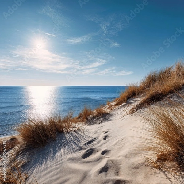 Obraz Sand dunes meeting a calm blue ocean under the sun