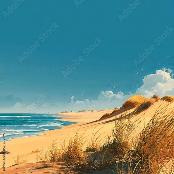 Obraz Sand dunes meeting a calm blue ocean under the sun