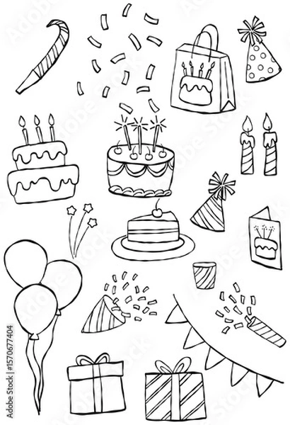 Obraz outline abstract birthday party concept with hand drawn doodles, funny birthday celebration , funny sketch illustration, whimsical celebration art design