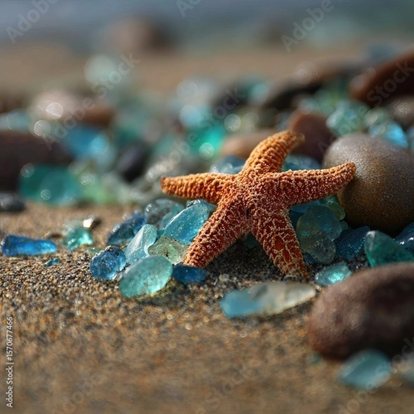 Obraz Starfish and sea glass glistening in the sand