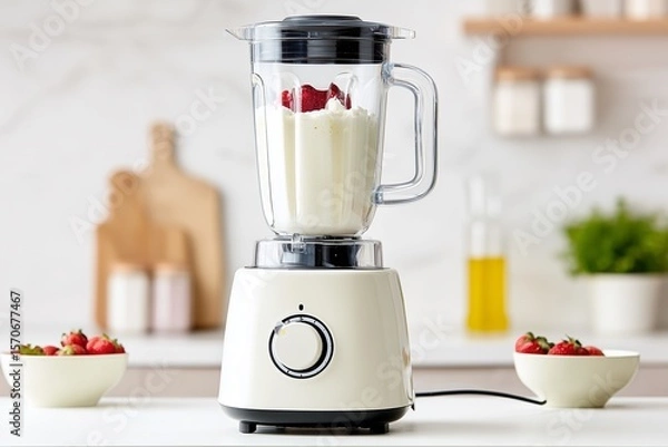 Fototapeta A bright, modern kitchen scene captures a viral food hack, showing a blender or food processor filled with cottage cheese and strawberries being made into healthy ice cream.