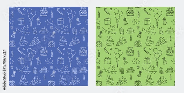 Obraz abstract birthday party background concept with hand drawn doodle seamless pattern, funny birthday celebration bg wallpaper.