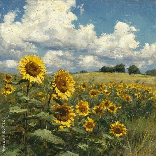 Fototapeta Sunflowers swaying in a summer breeze 