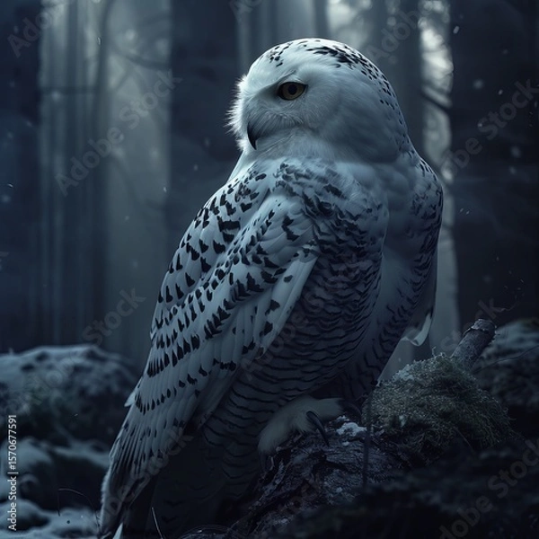 Obraz snowy owl in a dark forest
