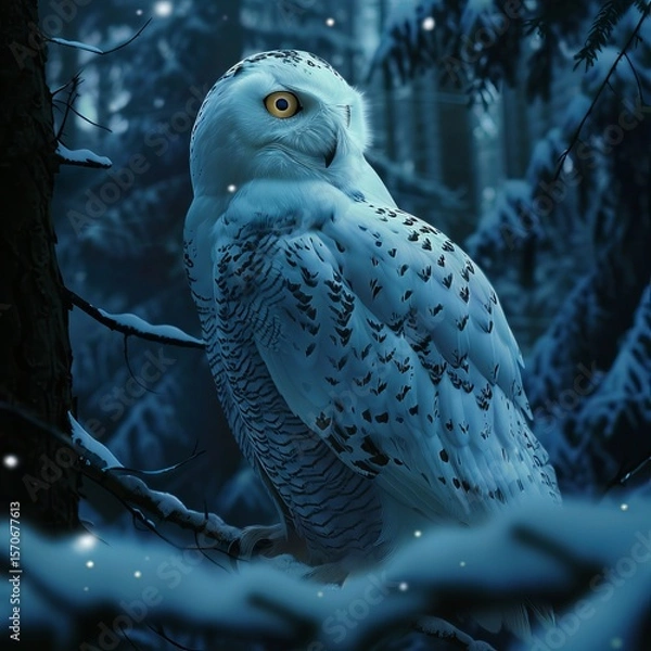 Fototapeta snowy owl in a dark forest