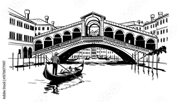 Fototapeta venice rialto bridge with gondola sketch vector illustration