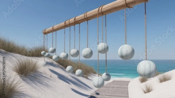 Fototapeta Light wood wind chime installation swaying in an ocean breeze above a sand path strong directional sunlight realistic