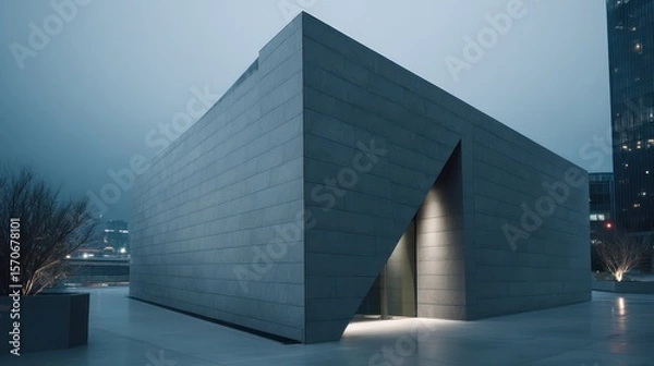 Fototapeta Duplex with sharp angles matte slate walls photographed in blue hour with faint city light reflections cinematic framing