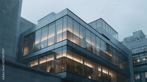 Fototapeta Layered duplex with translucent polycarbonate panels reflective aluminum early dusk light illuminating upper floors casting subtle volumetric glow