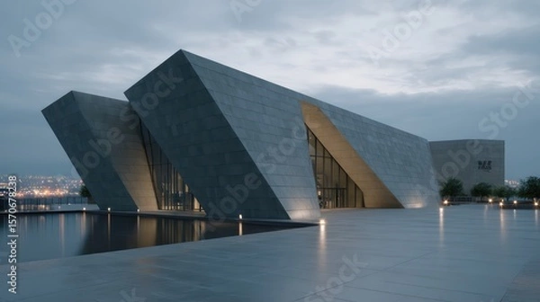 Fototapeta Duplex with sharp angles matte slate walls photographed in blue hour with faint city light reflections cinematic framing