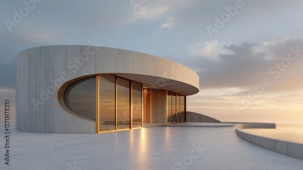Fototapeta Minimalistic duplex with curved concrete shell bronze-framed windows sunset rim light casting golden glow on surfaces with soft