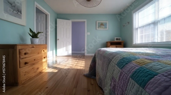 Fototapeta Kid room with mint walls and soft purple accents, ceiling lamp casting radial shadow pattern, quilted textures on