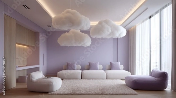 Fototapeta Kids room with cloud ceiling lights and soft lavender walls, warm overhead glow with dynamic shadow interaction, layered