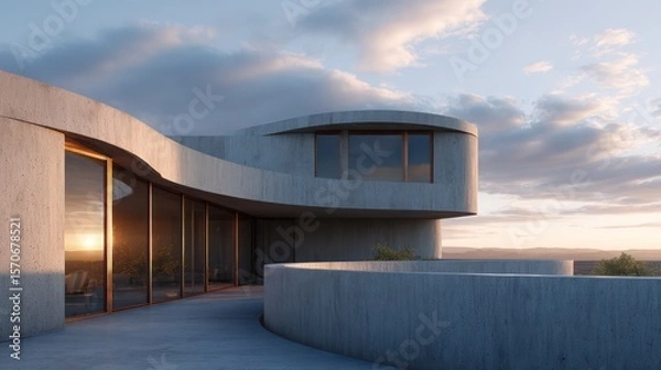 Fototapeta Minimalistic duplex with curved concrete shell bronze-framed windows sunset rim light casting golden glow on surfaces with soft