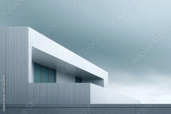 Fototapeta Dual-unit minimalist duplex with corrugated metal detail harsh directional light from right edge creating deep structural shadows cold