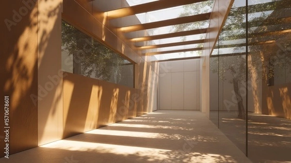 Fototapeta Minimalist tan white art deco office with integrated lighting slats backlit sunset glow trees creating patterned shadows high-fidelity