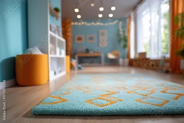 Fototapeta Kid room in tropical teal and tangerine, overhead recessed lights illuminating detailed patterns on rug, felt storage bins
