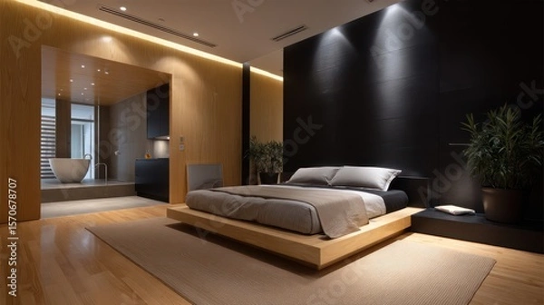 Fototapeta Minimalist suite with black and birch wood tones, spotlight-style rim lighting defining sharp furniture edges, mirror reflecting room