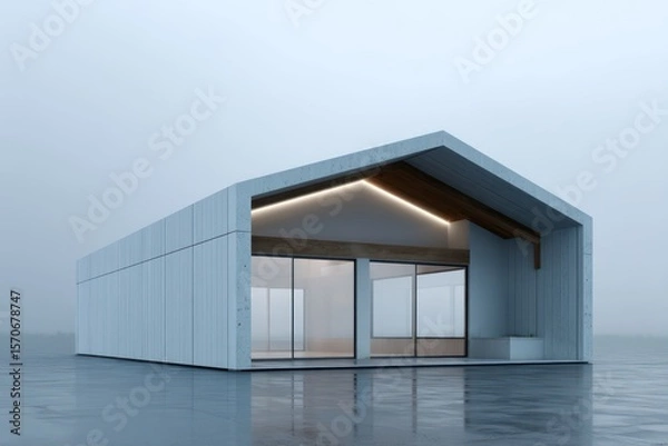 Fototapeta Large barn structure with minimalistic gabled form foggy background top-down diffused lighting soft reflection on frosted glass ambient