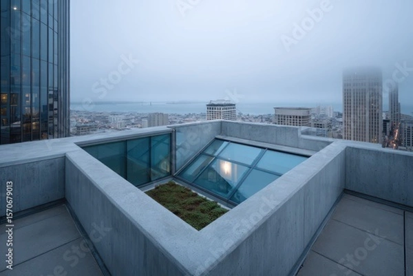 Fototapeta Duplex rooftop perspective with skylight cutouts blue hour tones fog layering across skyline precise occlusion smooth concrete texturing