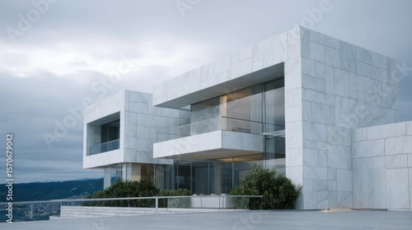 Fototapeta Minimalistic duplex with white stone fine steel mesh screens photographed under cloudy sky with evenly distributed soft lighting