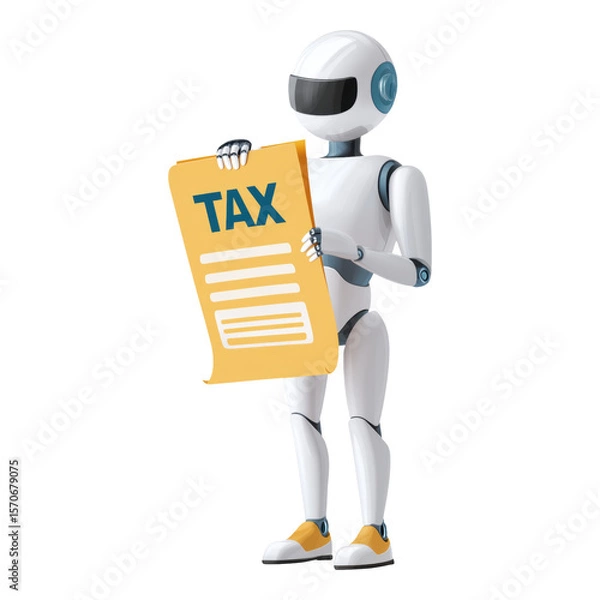 Fototapeta Helpful robot holding clipboard for income tax automation and financial reform showing future technology