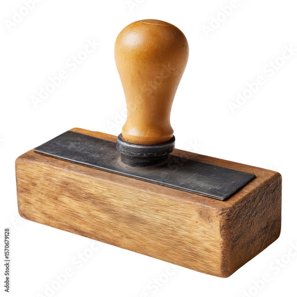 Fototapeta Nostalgic wooden rubber stamp with handle. Cutout object isolated on white background for business or office use