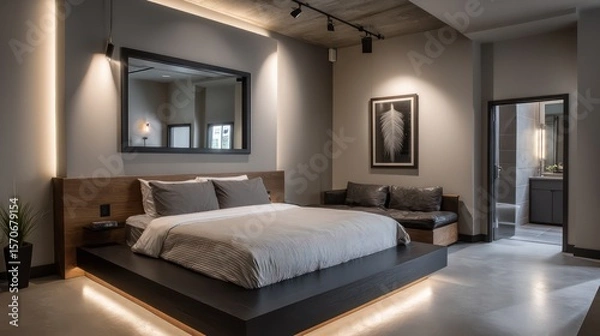 Fototapeta Minimalist suite with black and birch wood tones, spotlight-style rim lighting defining sharp furniture edges, mirror reflecting room
