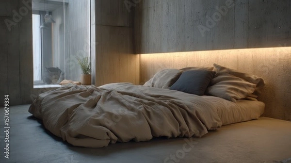 Fototapeta Minimalist suite in off-black and pale sand, spotlight top-center creating vignette-style illumination on bed, raw canvas duvet with