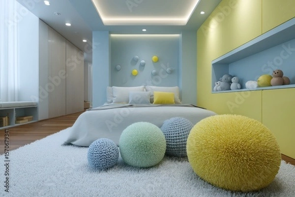 Fototapeta Kid room in playful lemon yellow and cyblue, soft ceiling glow illuminating pastel toys on sharp-focus rug, textured