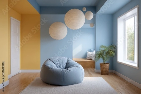 Fototapeta Kid room in goldenrod and robin egg blue, top-down lantern light creating spherical glow zones, velvet bebag and