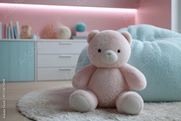 Fototapeta Kid room in bubblegum pink and oceaqua, LED strip light casting smooth indirect highlights, bebag seams in closeup,