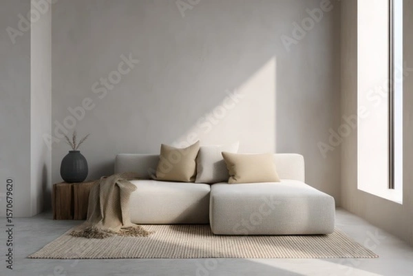 Fototapeta Minimalist setup in arctic white and sand beige, cledaylight spilling unseen window, stark shadow play on matte walls,