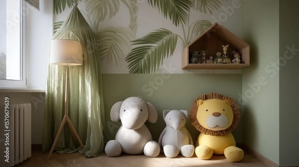 Fototapeta Kid bedroom with jungle theme in leaf green and sand yellow, floor lamp casting light through canopy-style fabric,