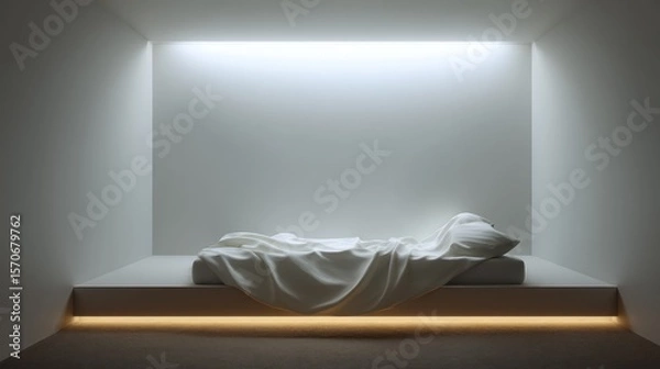 Fototapeta Minimalist room in white smoke and brushed nickel, hidden light source above bed creating smooth gradient illumination on