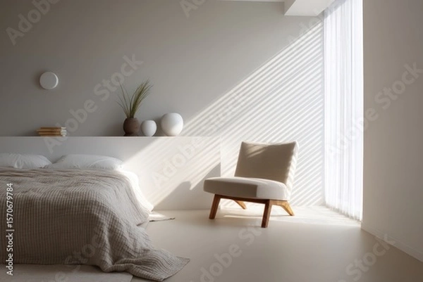 Fototapeta Minimalist room in cool taupe and snow white, soft backlighting creating linear floor highlights, textured cotton bedspread in