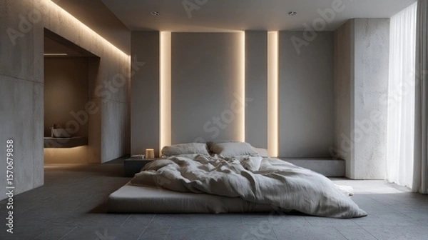 Fototapeta Minimalist suite in neutral sand and anthracite, indirect wall lighting producing soft vertical gradients, linen duvet with fine