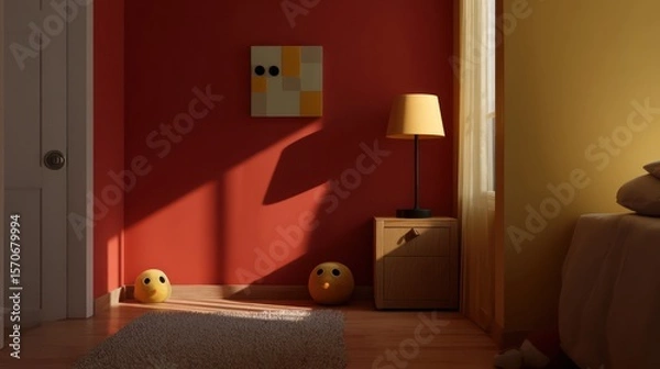 Fototapeta Kid room in crimson and butter yellow, top-right lamp producing long directional shadows on themed wall art, felt