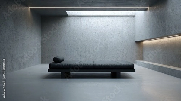 Fototapeta Minimalist setup with graphite walls and low black futon bed, strong angled overhead lighting with high contrast shadows,