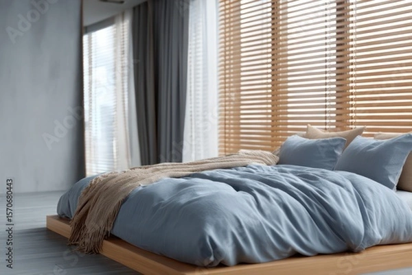 Fototapeta Minimalist layout in deep navy and soft ash, morning sunlight filtered through wood blinds producing stripe light effect
