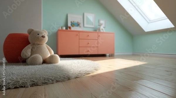 Fototapeta Kid bedroom in pastel aquand coral pink, sunlight round skylight casting radial shadows on plush toy chest, wool