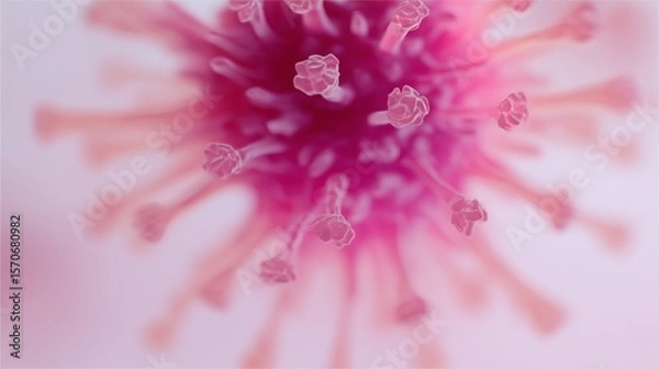 Obraz Macro Virus Structure and Pink Spikes with Protrusions for Biological Close-Up on Blurred Background and Scientific Setting for Microbial Pathogen’s Complex Nature