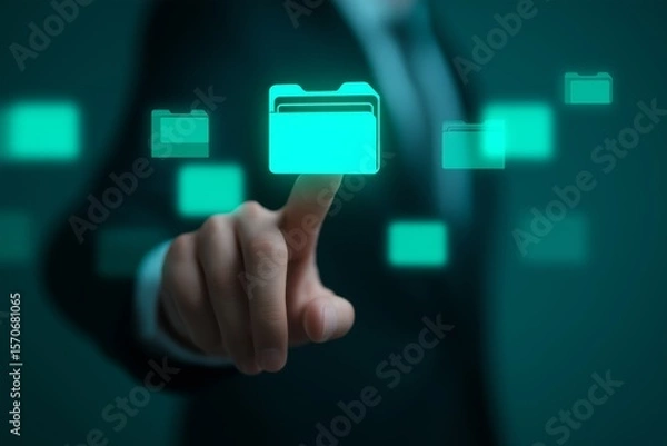 Obraz Virtual Folder Interface and Holographic Touchscreen with Futuristic Data Management and Digital Workspace, Advanced Technology and Innovative File Organization with Digital Information Mastery