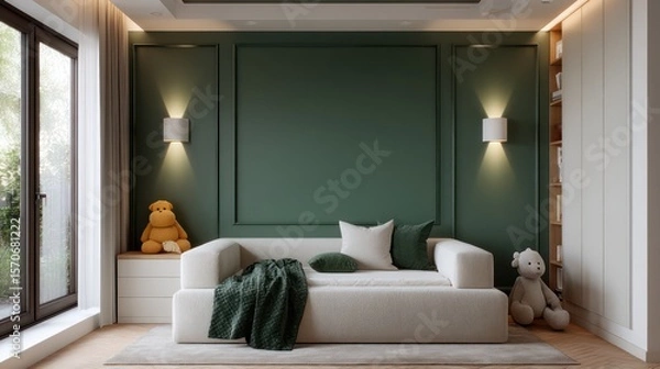 Fototapeta Kid bedroom in emerald and cream, wall-mounted sconces producing volumetric light beams toward bed, plush textures in soft