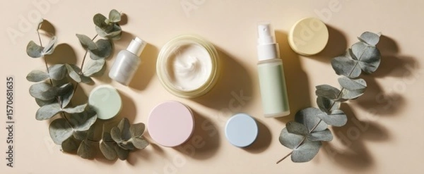 Fototapeta The elegant arrangement of skincare products with eucalyptus leaves.